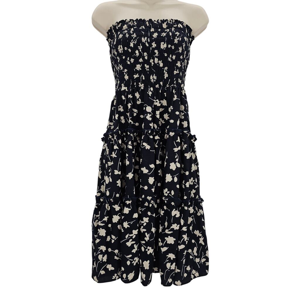 Lulu's Womans size XS Strapless Smocked Floral Tiered Mini Dress Navy Blue/Tan